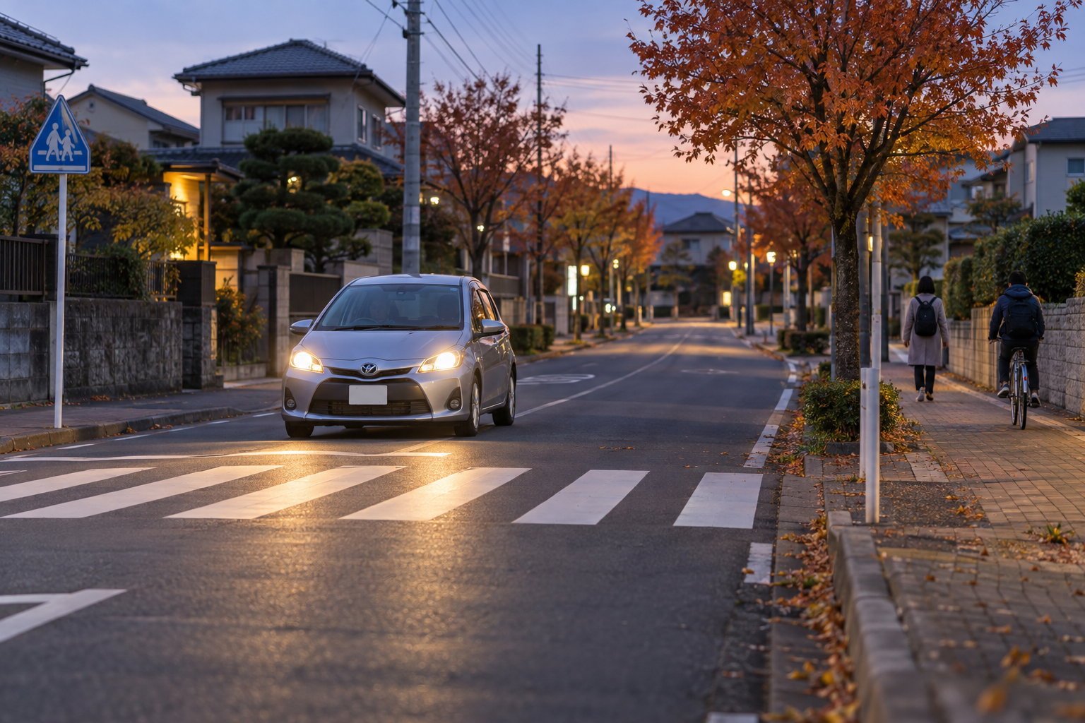 秋の夕暮れ、横断歩道の手前をライト点灯して走る車