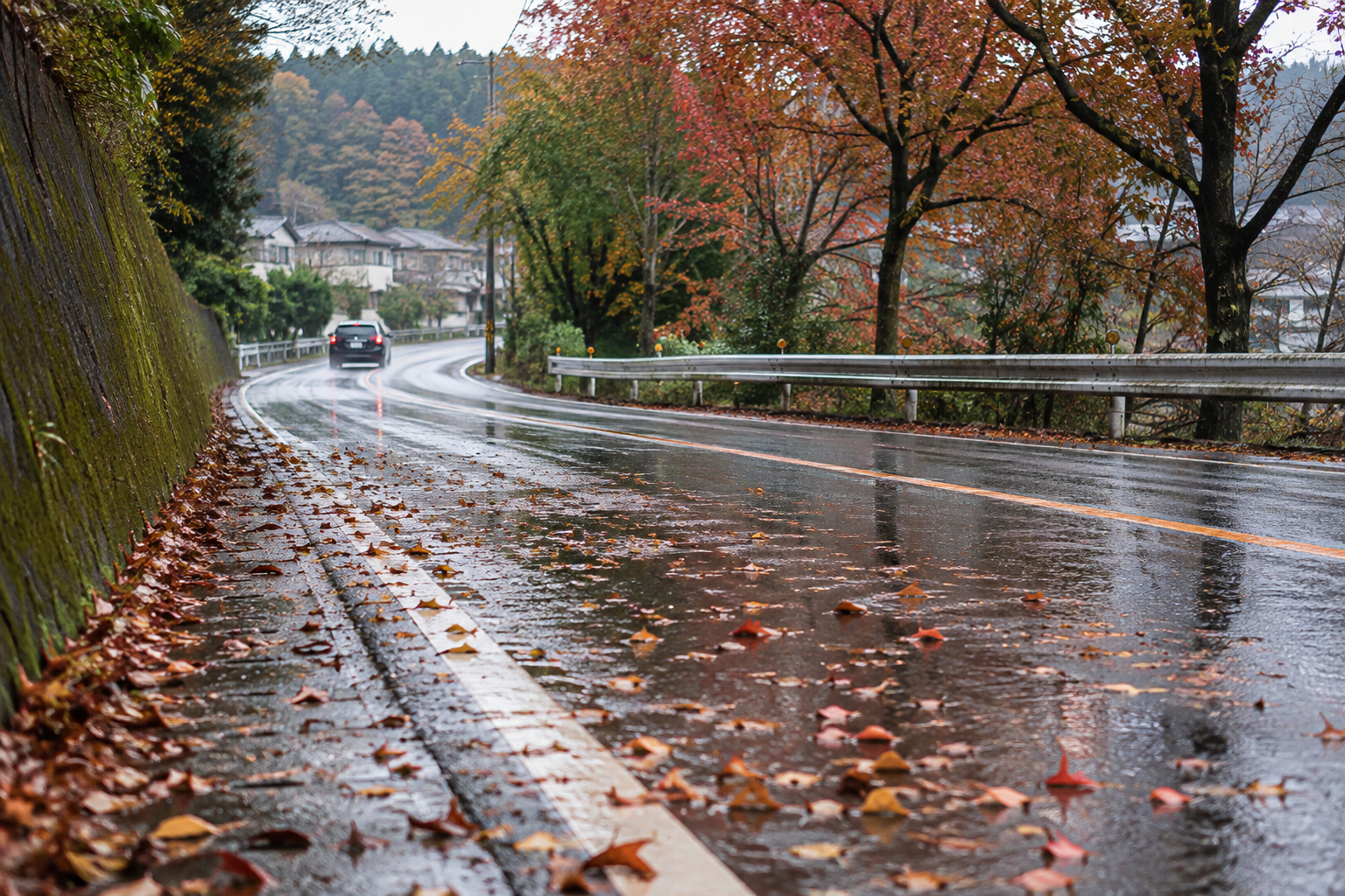 雨に濡れた落ち葉がある秋の道路